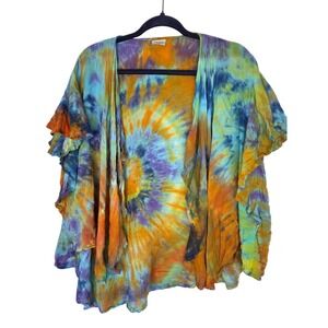 Dharma Trading Co Tie Dye Kimono Cardigan Open Front Ruffle Sleeve 2XL Indonesia